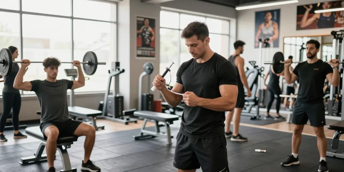 Anabolika Shop: Bodybuilder injiziert Steroide im Fitnessstudio, während ein anderer Gewichte hebt, motivierende Atmosphäre.