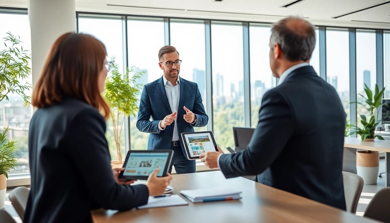 Immobilienmakler Frankfurt Eckenheim berät Klienten in modernem Büro über Immobilieninvestitionen.