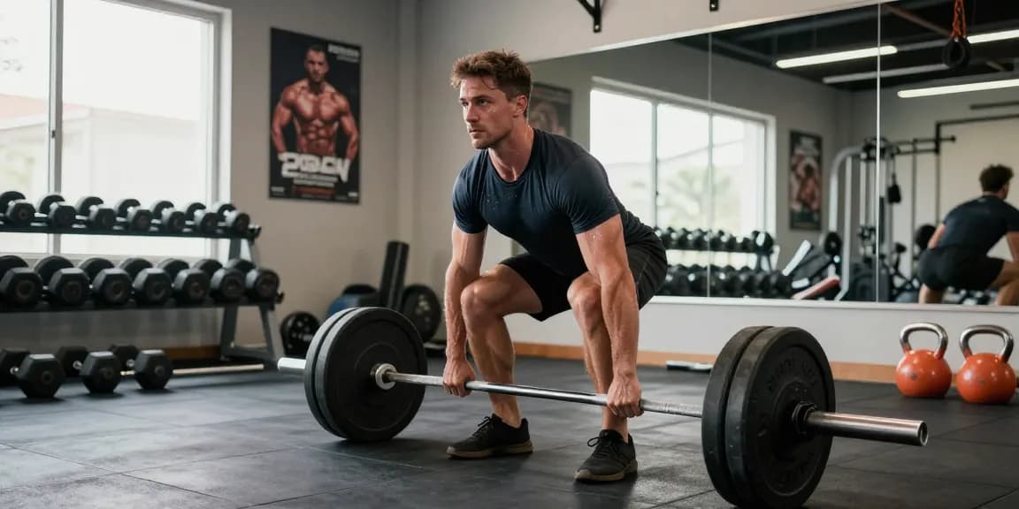 Global Pharma Steroid Shop - Athlet beim Gewichtheben in modernem Fitnessstudio.