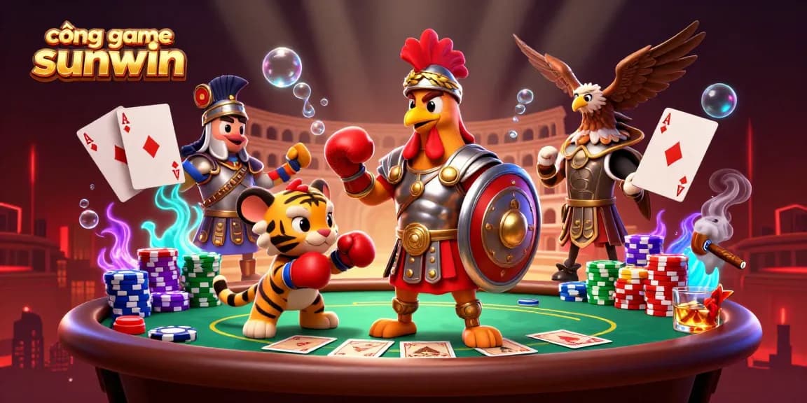 Experience the excitement of cổng game sunwin with a vibrant 3D scene of a gladiator rooster and poker action.