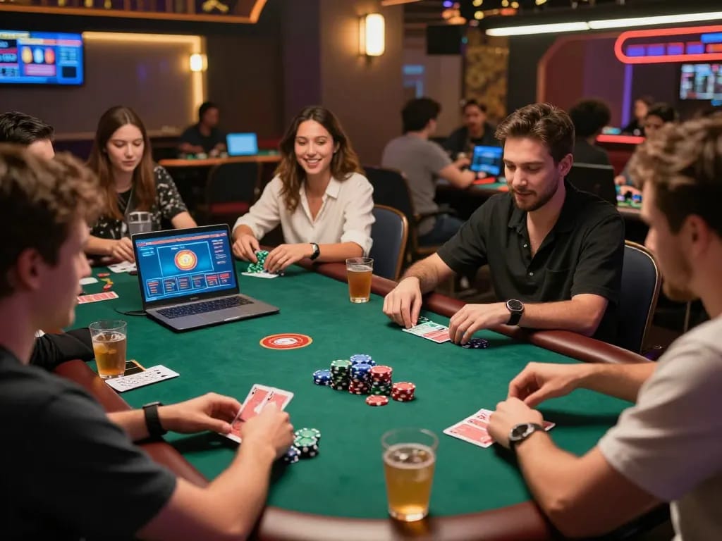 Players enjoying online poker at CM88, focusing on strategy while using their laptops and tablets in a vibrant setting.
