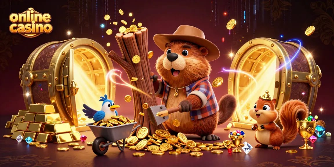 Experience the excitement of an online casino with characters celebrating as golden coins rain down.