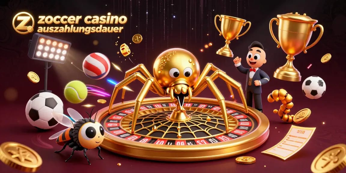 Interaktive Szene mit der Zoccer Casino Auszahlungsdauer, wo eine goldene Spinne ein Roulette-Netz spinnt und ein nervöser Fliegen-Bettender zu sehen ist.