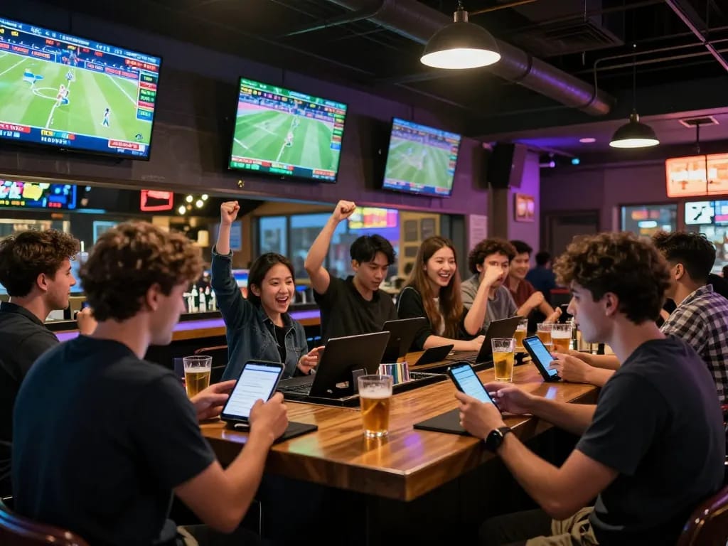 PHPVIP sports betting excitement with patrons engaging on mobile devices in vibrant sports bar atmosphere.