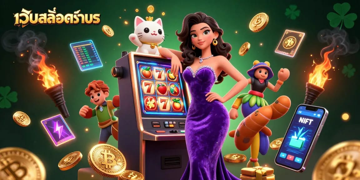 Experience เว็บสล็อตทดลอง action with a glamorous woman at a jackpot-winning slot machine, surrounded by vibrant casino elements.