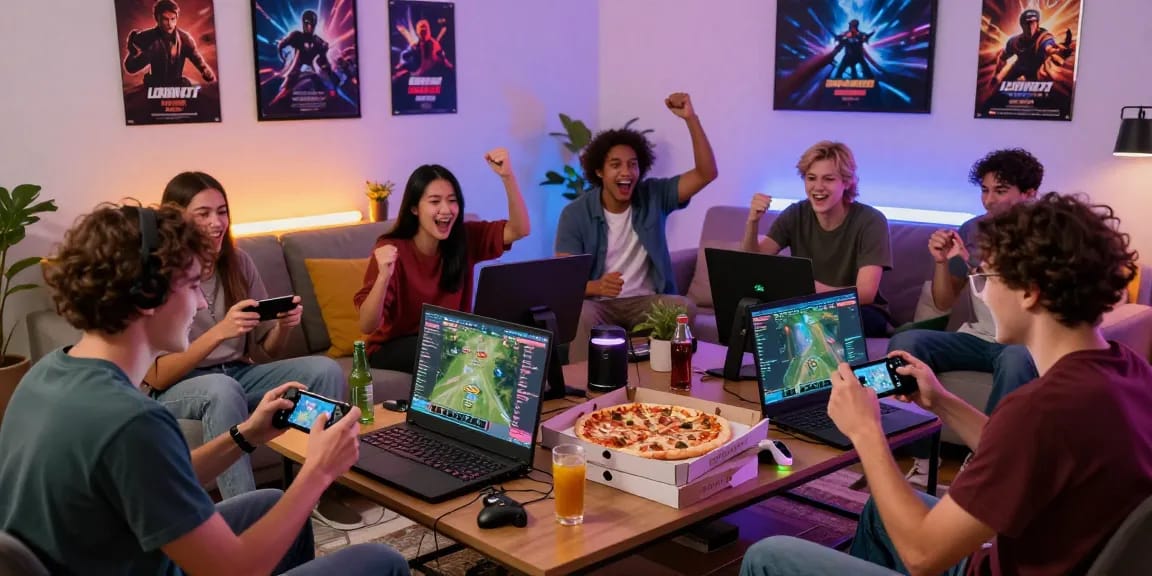 Exciting gaming session among friends in their living room, showcasing the vibrant culture of https://b52club.radio.fm/ and casual gaming engagement.