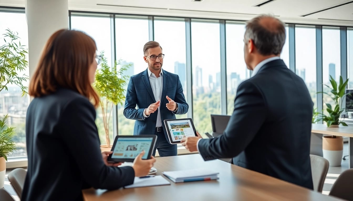Immobilienmakler Frankfurt Eckenheim berät Klienten in modernem Büro über Immobilieninvestitionen.