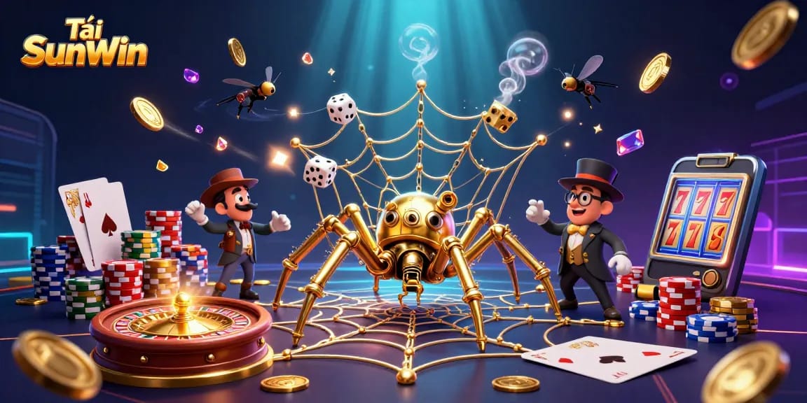 Tải SunWin captivates with a steampunk spider ensnaring dice in a web of gold, embodying casino excitement.