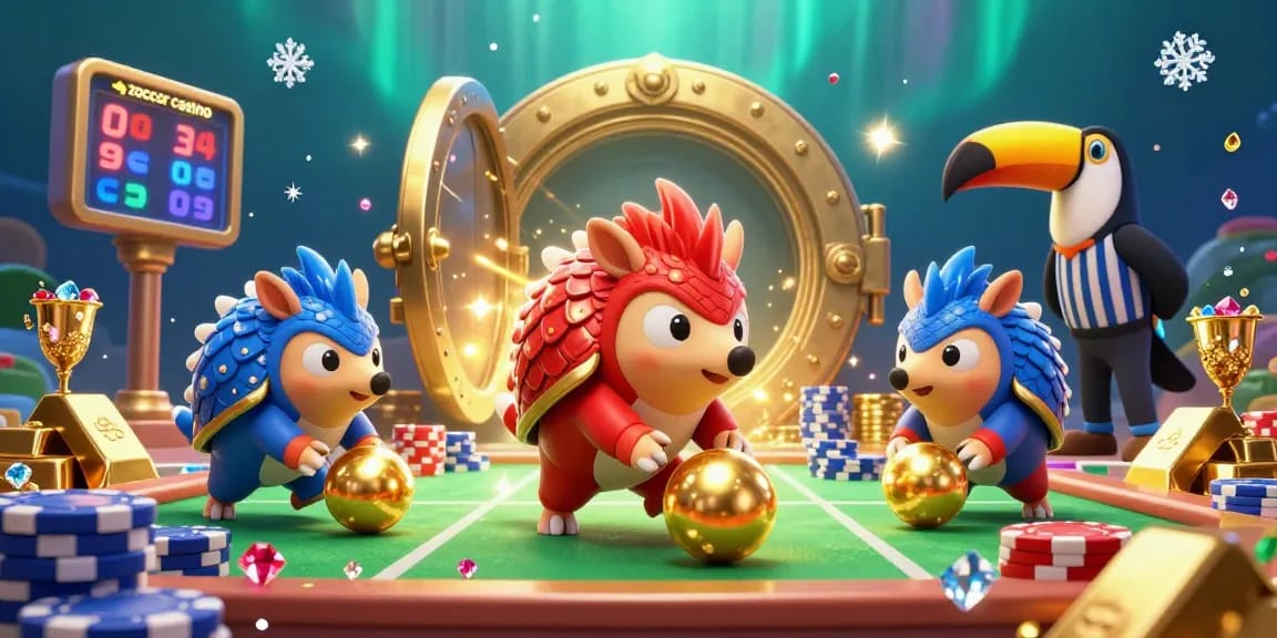 Zoccer casino features rival pangolins in a gambling showdown with poker chips and treasure.