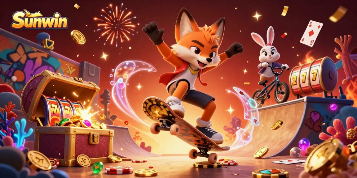 Experience thrilling wins at Sunwin as the skateboarder fox and BMX rabbit amaze in a vibrant casino world.