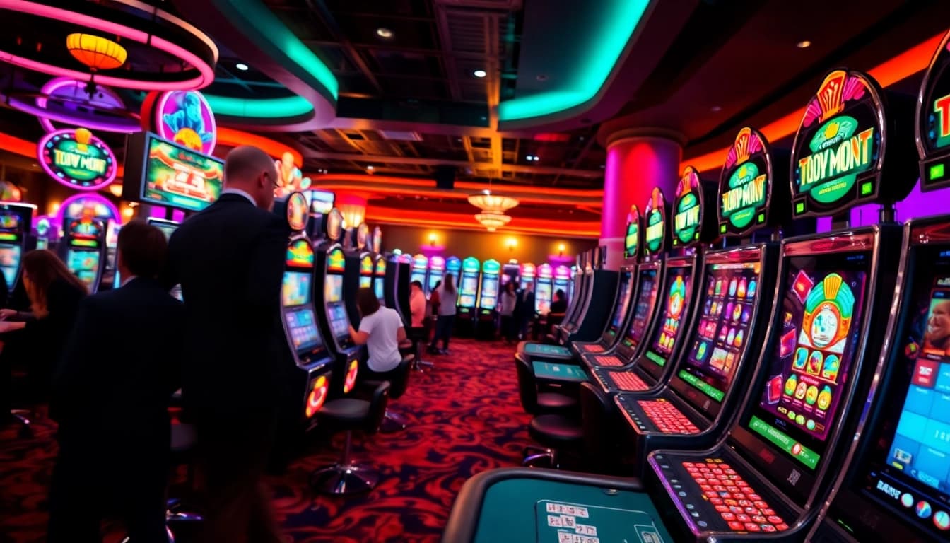 Erlebe online casino spielen in einem aufregenden und lebhaften Casino-Umfeld mit bunten Spielautomaten.