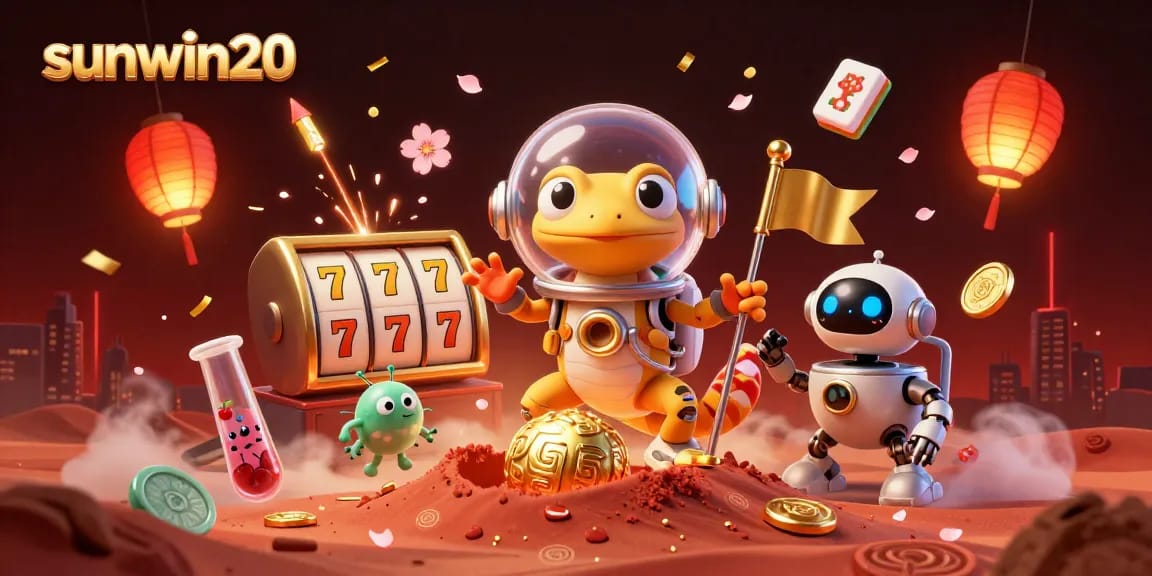 Engage with sunwin20 at an exciting casino event featuring a Martian gecko and colorful slot elements.