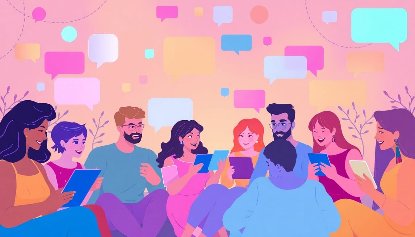 Interactive scene of diverse individuals engaging in sex chat, showcasing warm and inviting online connections.