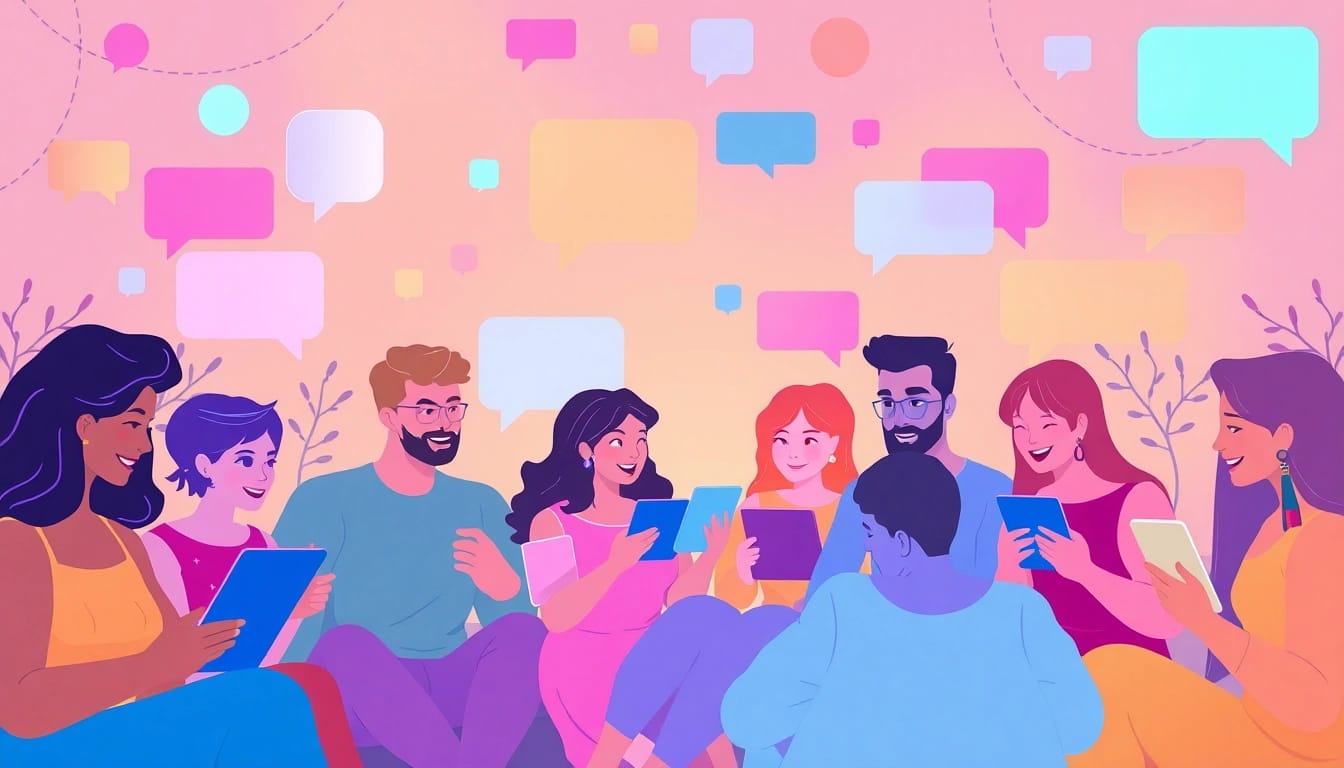 Interactive scene of diverse individuals engaging in sex chat, showcasing warm and inviting online connections.