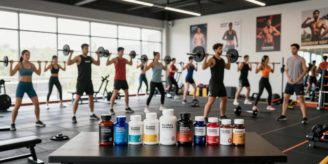 Global Pharma Steroids in einem modernen Fitnessstudio mit aktiven Athleten.