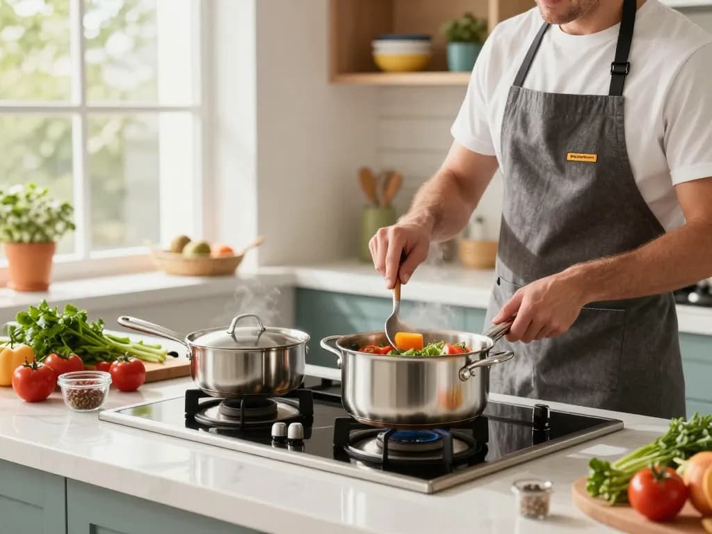 Ansprechende Küchenszene, in der ein Koch mit GreenKitchen Kochtöpfen kauft, frische Zutaten verwendet.