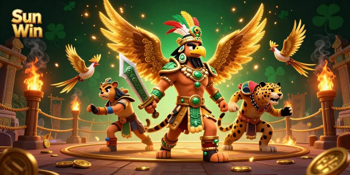 Engage in epic battles of skill with Sun Win, featuring a vibrant Aztec warrior scene and golden casino elements.