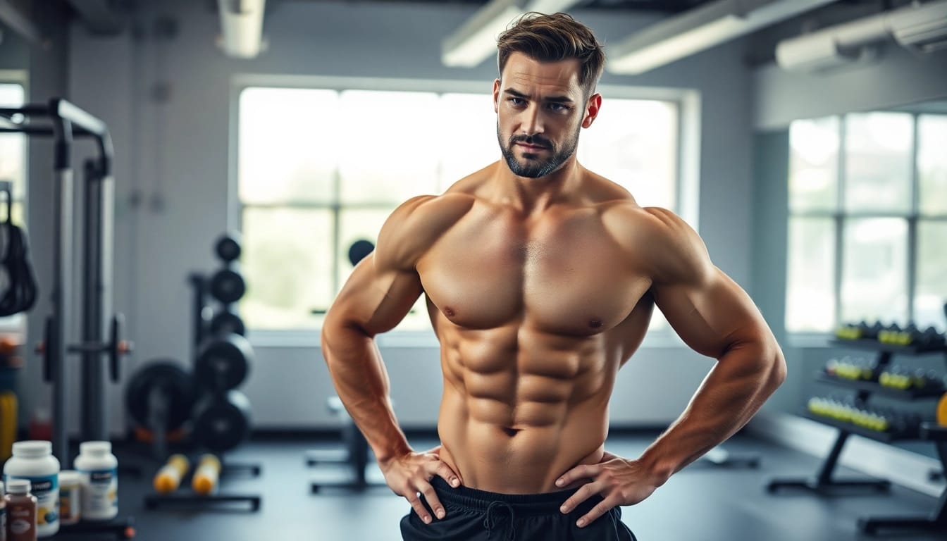Bild eines Bodybuilders mit Unique Pharma Steroids, der im Fitnessstudio trainiert.