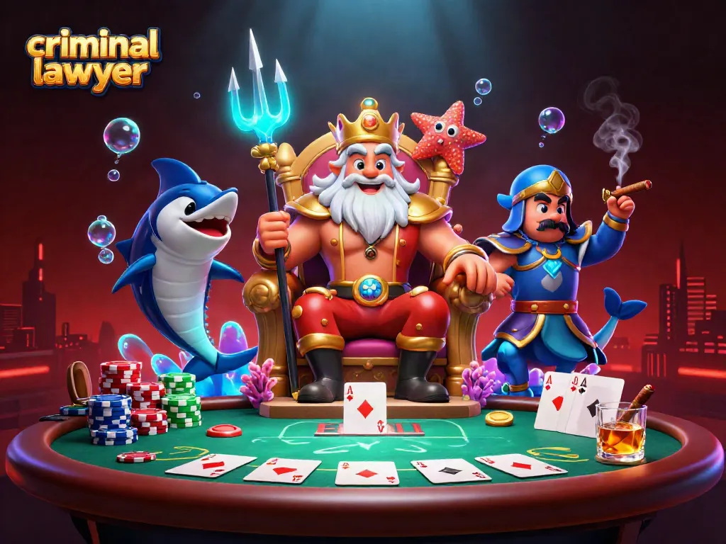 Engaging scene of a criminal lawyer with poker elements, showcasing vibrant casino graphics.
