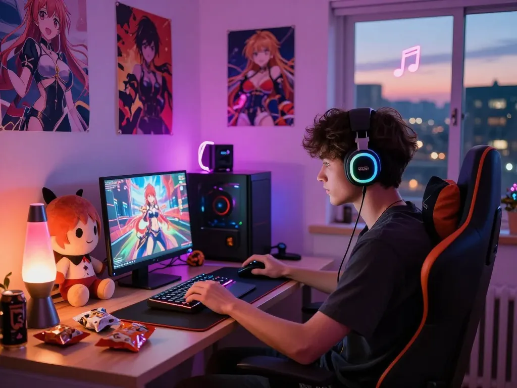Engaged gamer playing a hentai game in a cozy room with vibrant lighting.