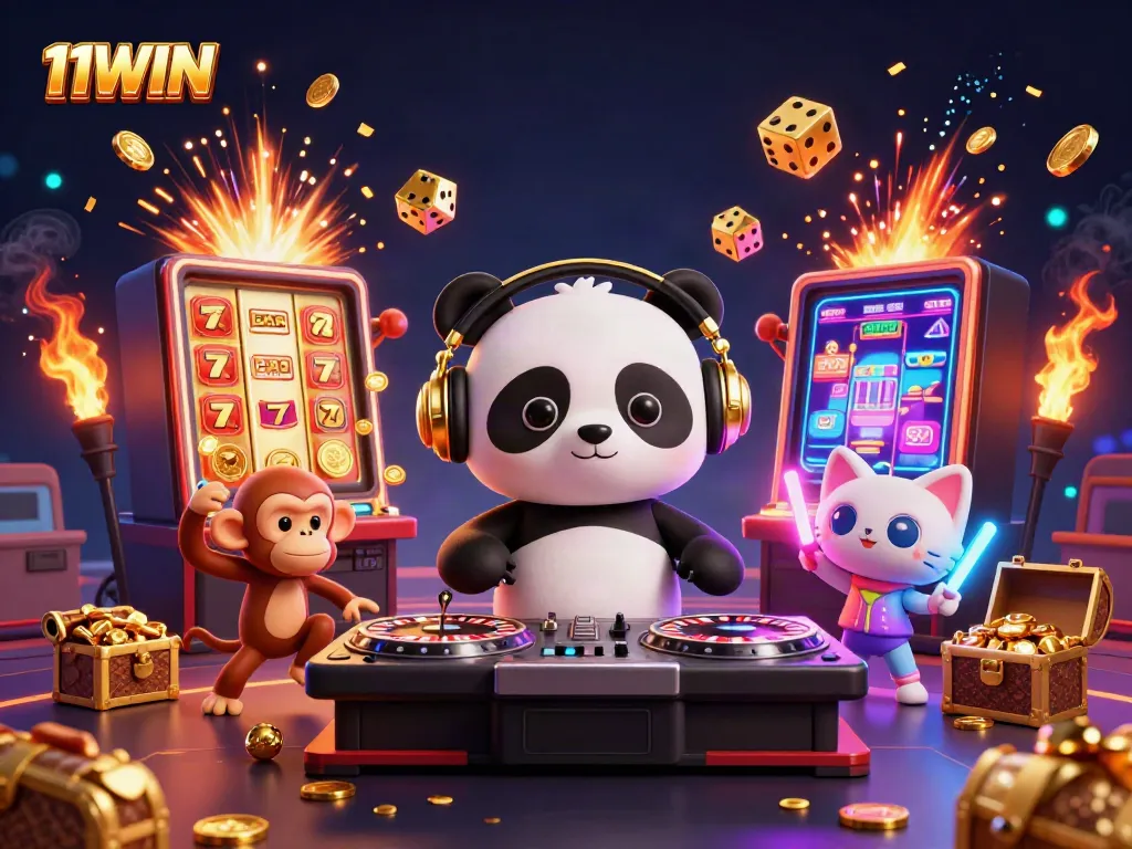 Experience the vibrant energy of 11WIN's casino scene with a DJ panda, breakdancing monkey, and rave kitten.