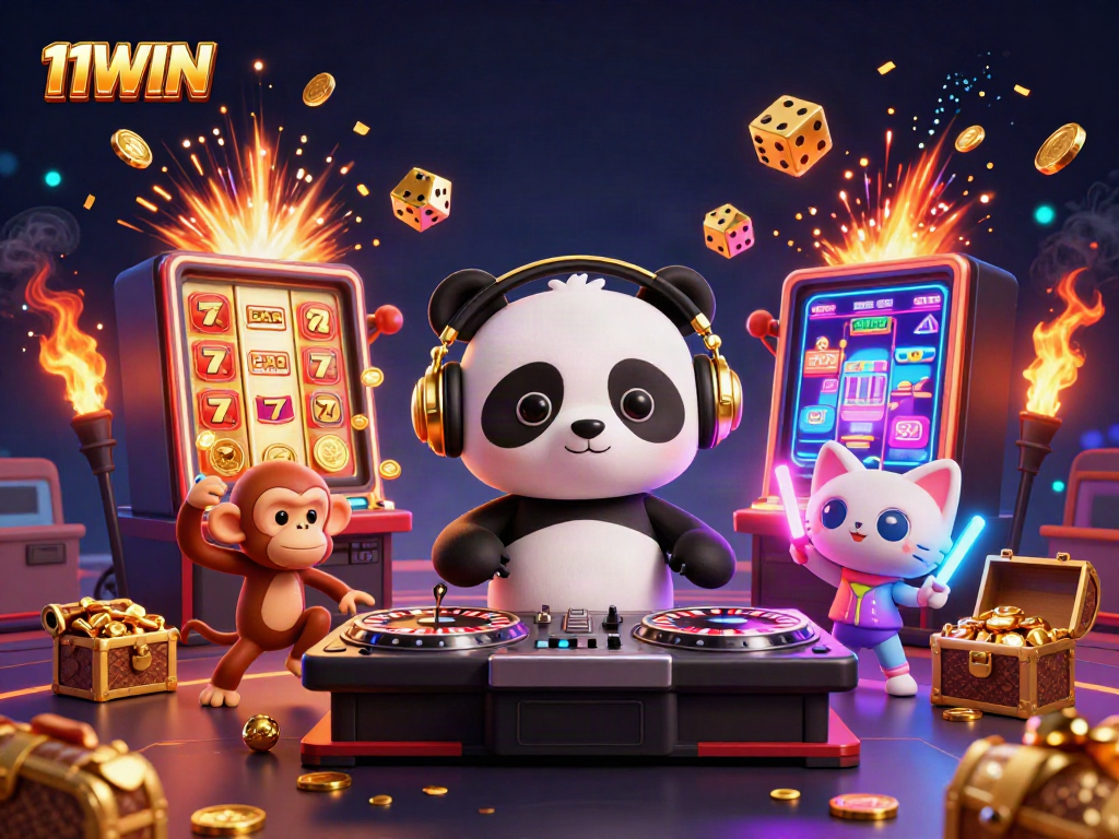 Experience the vibrant energy of 11WIN's casino scene with a DJ panda, breakdancing monkey, and rave kitten.