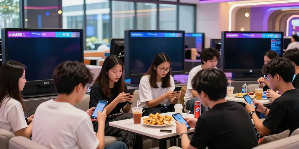 Group of young adults enjoying rokok88 in a modern entertainment hub.