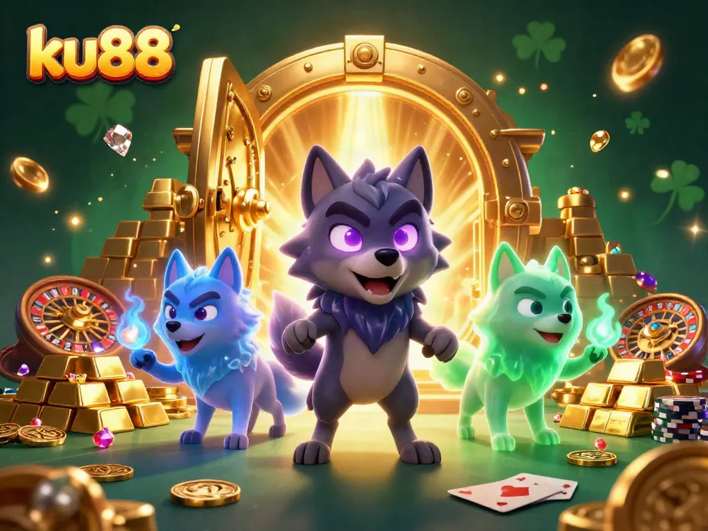 Bet on ku88 with a vibrant casino scene showcasing ghost wolves surrounded by riches.