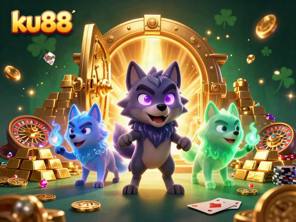 Bet on ku88 with a vibrant casino scene showcasing ghost wolves surrounded by riches.