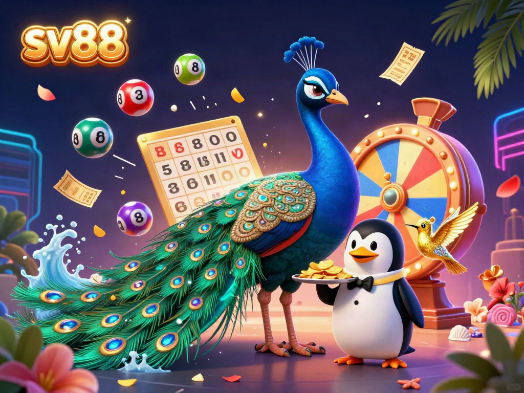 Engage with svet88's vibrant casino scene featuring a peacock and penguin showcasing excitement and golden winnings.