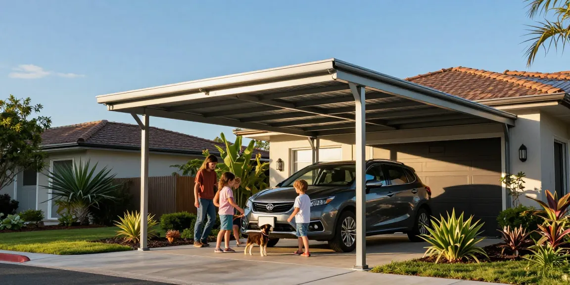 Moderne Carport-Lösung schützt das Auto einer Familie in einem gemütlichen Garten.