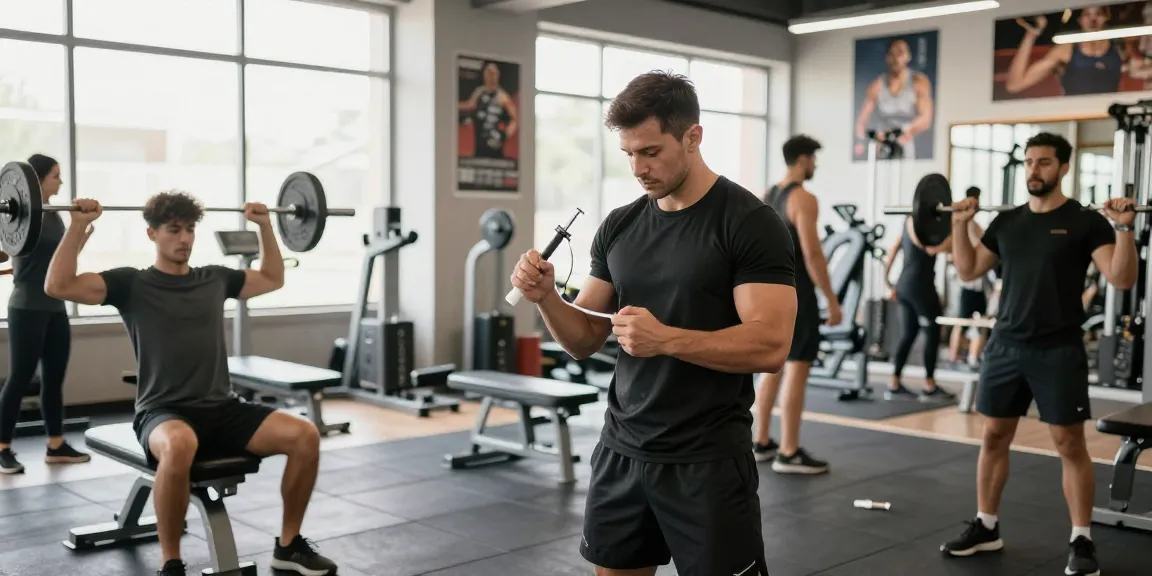 Anabolika Shop: Bodybuilder injiziert Steroide im Fitnessstudio, während ein anderer Gewichte hebt, motivierende Atmosphäre.