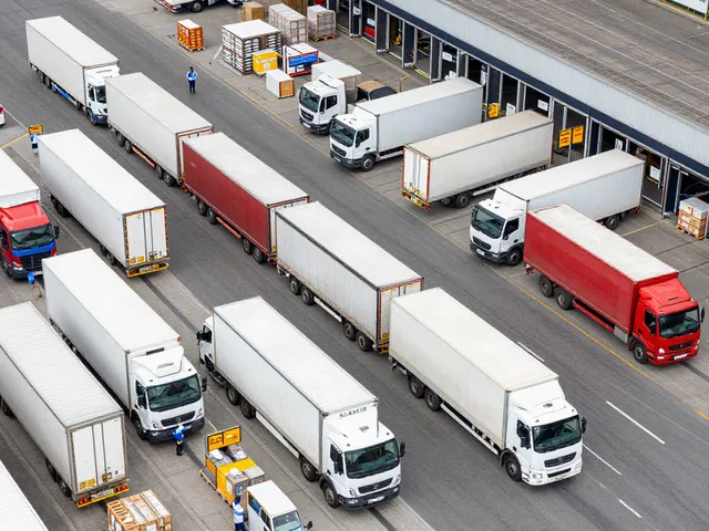 Transportzentrum in Düsseldorf mit Lkw und Logistikaktivitäten.
