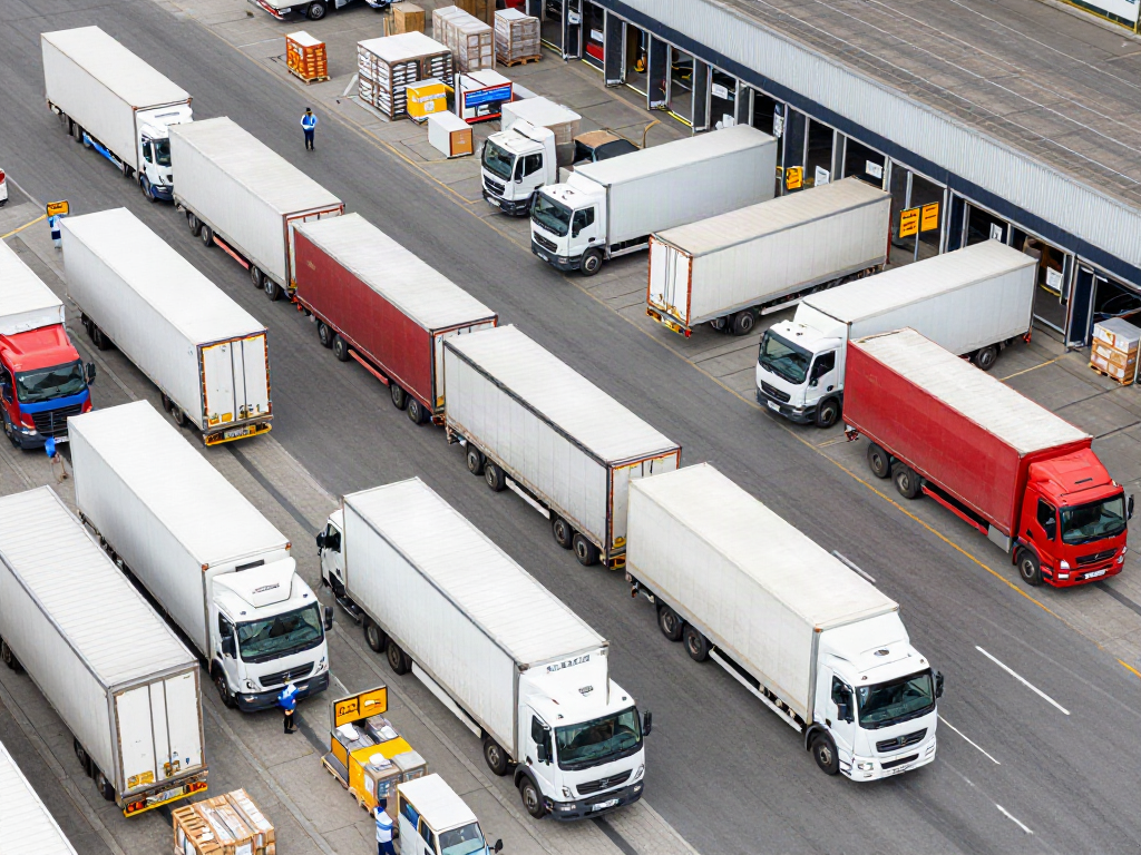 Transportzentrum in Düsseldorf mit Lkw und Logistikaktivitäten.