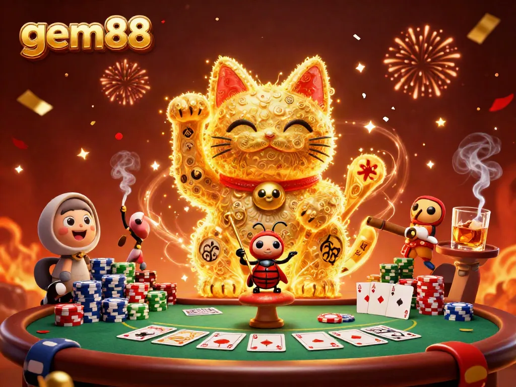 Experience gem88 with a vibrant 3D lucky cat surrounded by casino elements in an energetic scene.