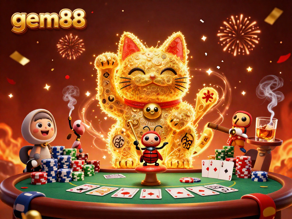 Experience gem88 with a vibrant 3D lucky cat surrounded by casino elements in an energetic scene.