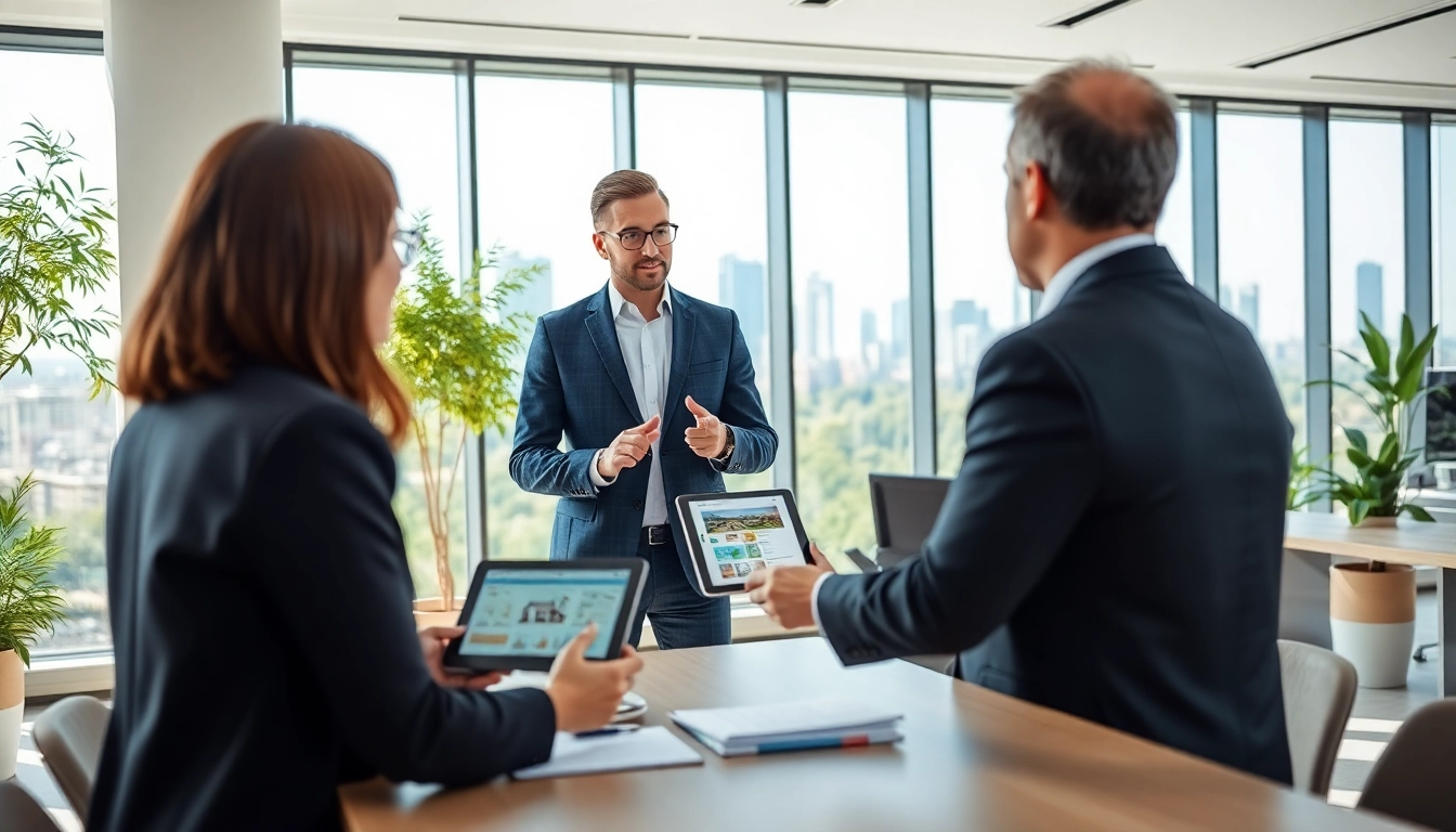 Immobilienmakler Frankfurt Eckenheim berät Klienten in modernem Büro über Immobilieninvestitionen.