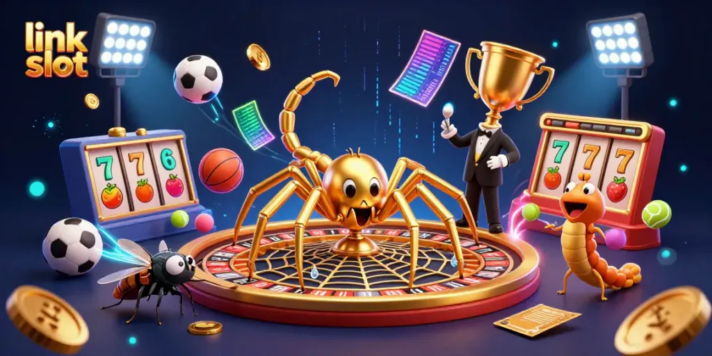 Experience the thrill of link slot games with vibrant 3D illustration of a golden web-themed roulette and captivating characters.
