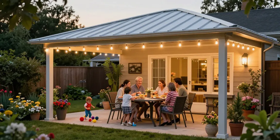Familie unter einer Terrassenüberdachung genießt ein Abendessen im Garten.