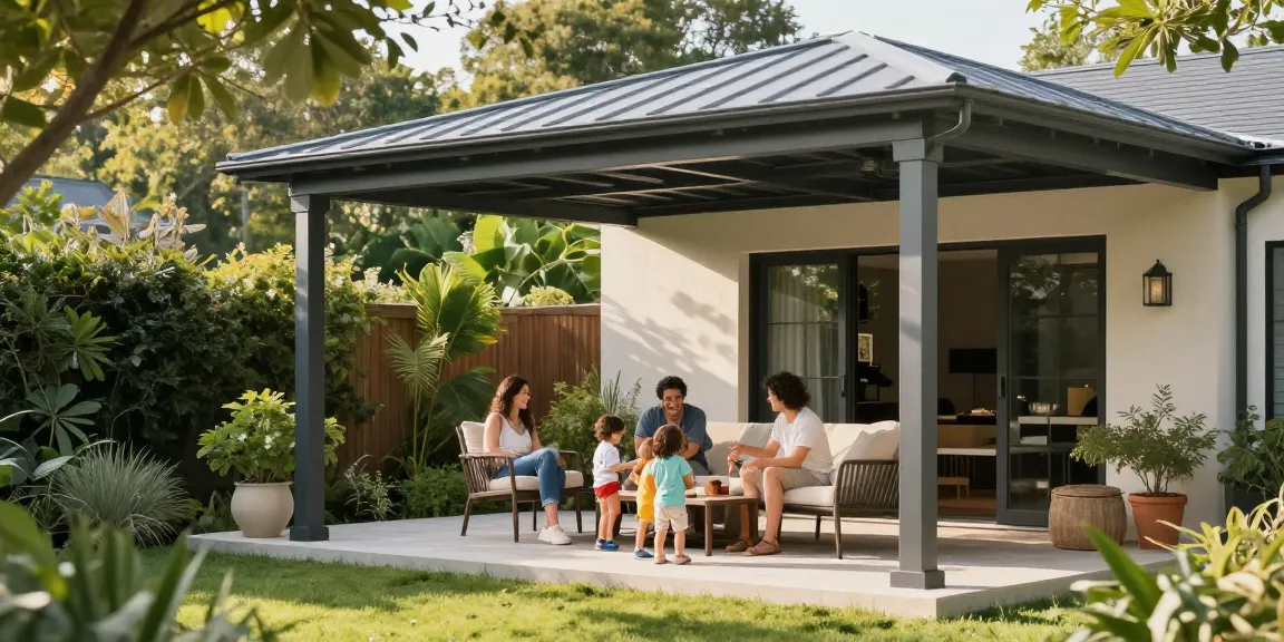 Terrassenüberdachungen in einem schönen Garten, entspannte Familie genießt die Zeit im Freien.