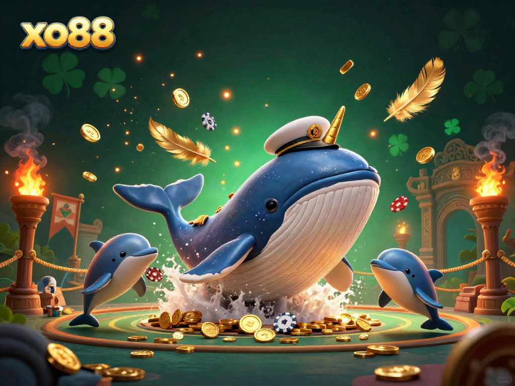 Experience the excitement of xo88 with a vibrant 3D scene of a majestic whale amidst gambling symbols.
