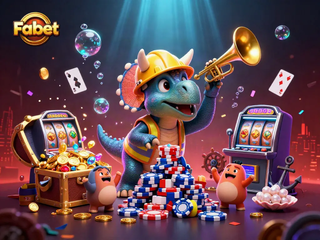 Fabet players enjoying a vibrant casino scene with rich slot action and cheerful characters.