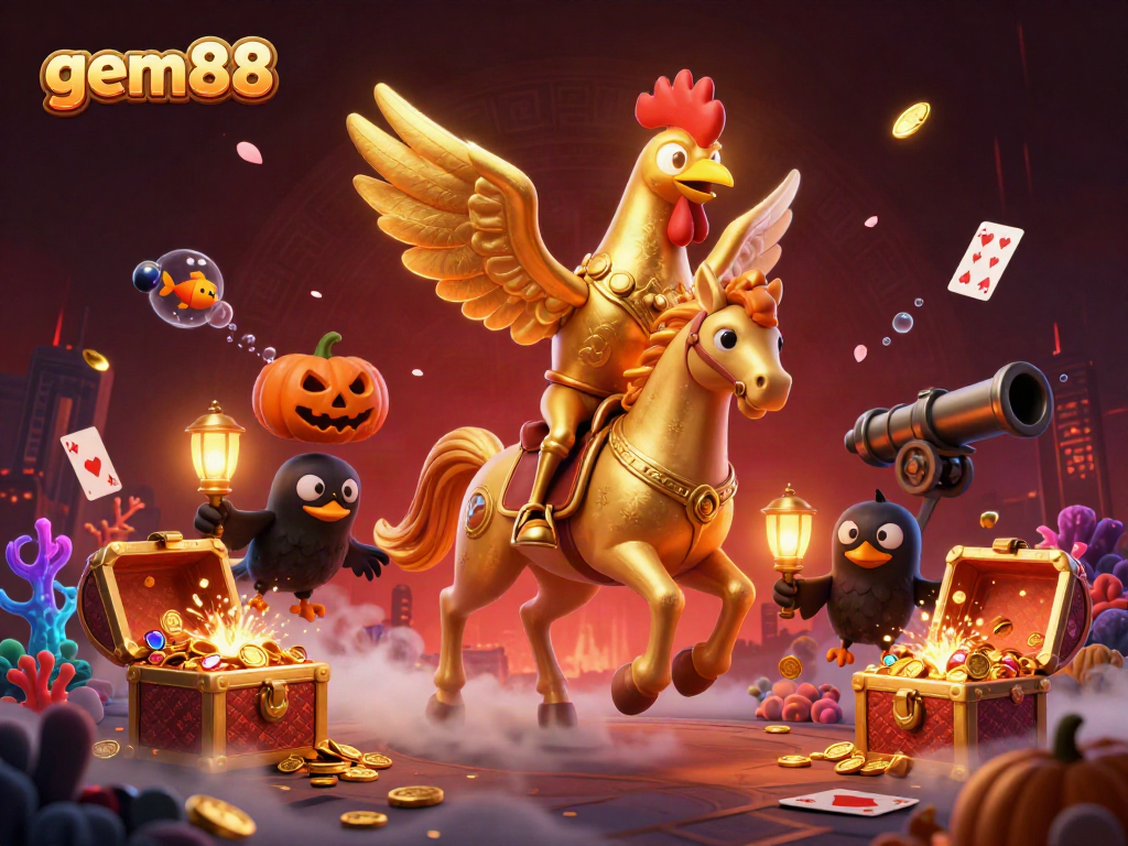 Experience gem88's thrilling midnight casino adventure with fantastical characters and vibrant casino elements.