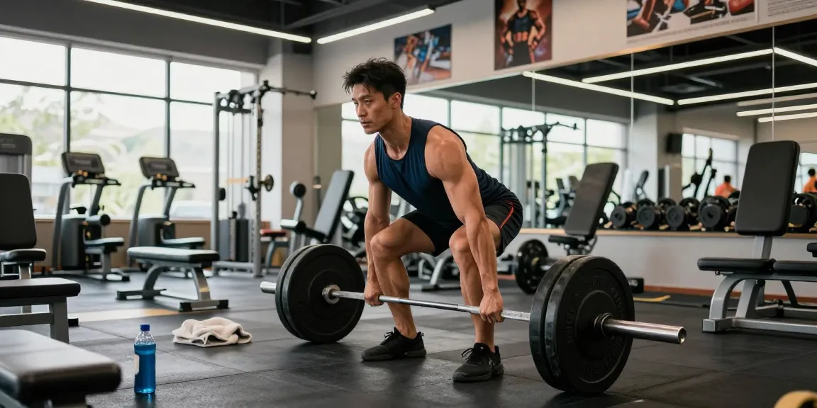 Starker Bodybuilder im Selliza Shop Fitnesscenter beim Kreuzheben, motivierende Atmosphäre