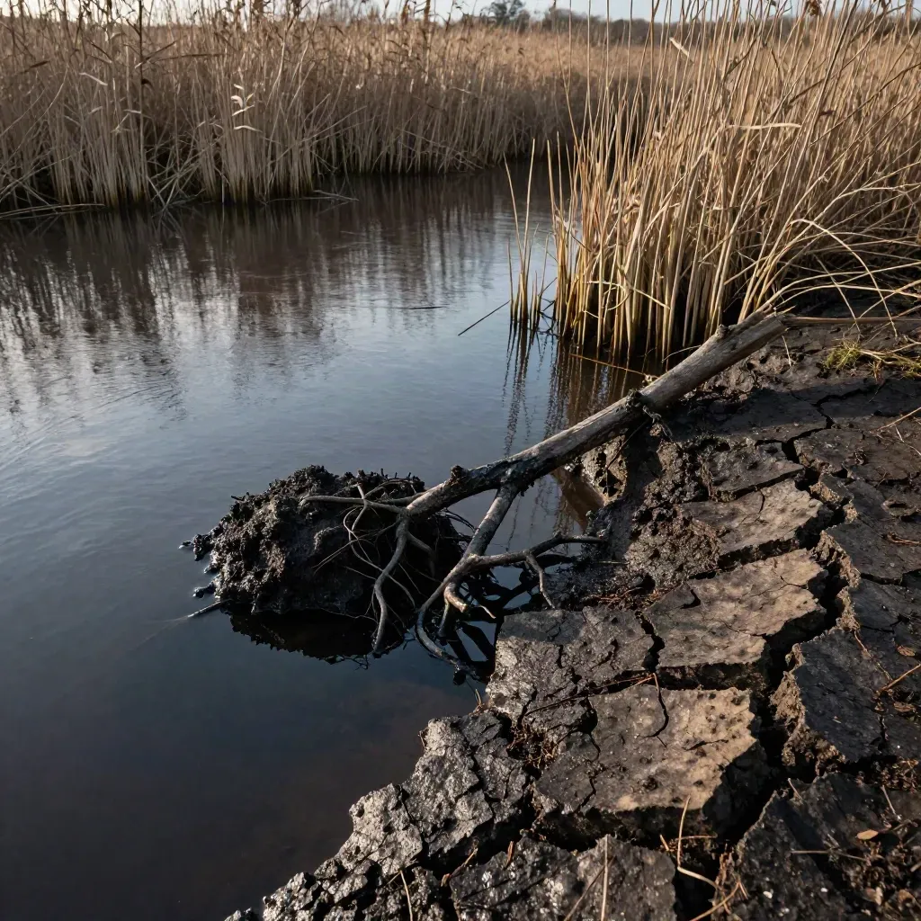 Schwarzes Moorwasser am abgesunkenen Ufer mit Wurzeln und sinkendem Ast im Regenlicht.