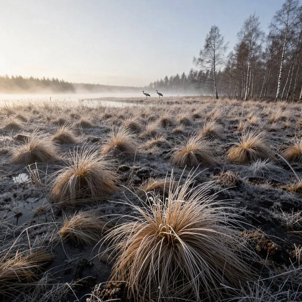 Moorsee im Morgennebel mit Wollgras, Birkenrand und zwei Kranichen bei Frostlicht.