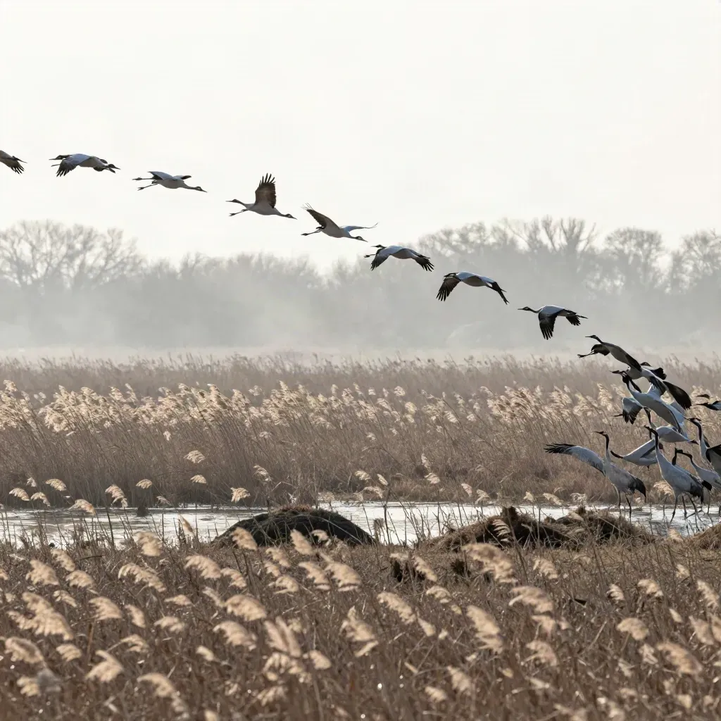 Kraniche steigen über einem Schilfmoor in den Himmel auf, mit Nebel und windigem Schilf.