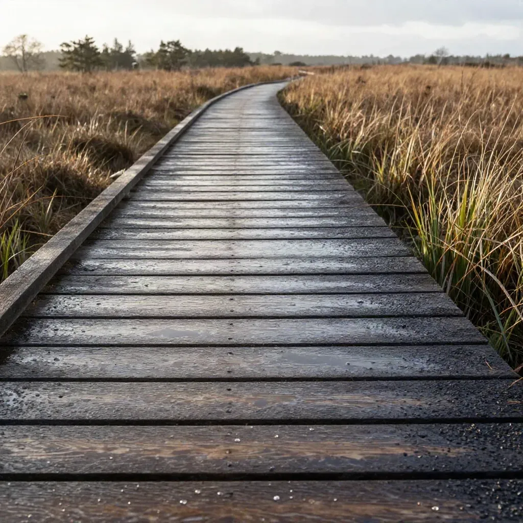 Holzbohlenweg im Moor mit Pfützen und nassen Kanten nach einem Schauer