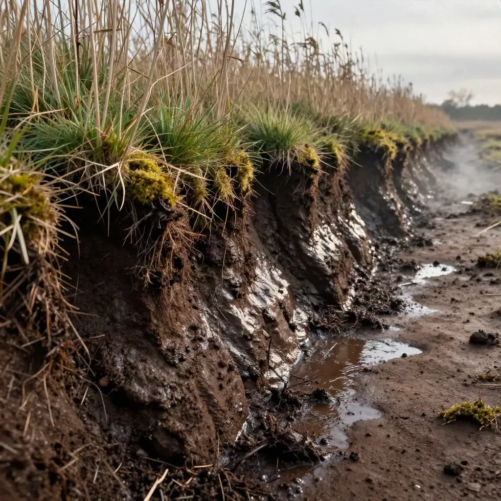 Torfprofil im Moorboden, Sickerwasser läuft in eine Mulde, Grasrand im warmen Licht.