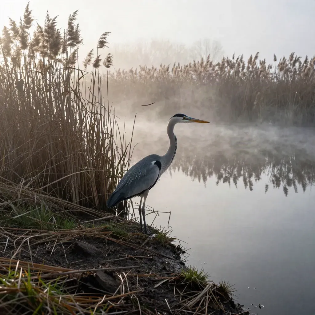 Graureiher am Schilfrand im Morgennebel über stillem Weiher
